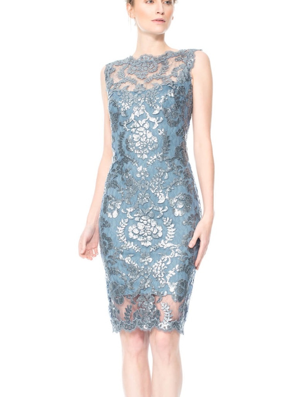 Tadashi Shoji Embroidered  Lace Sheath Cocktail Dress Formal Wedding Guest